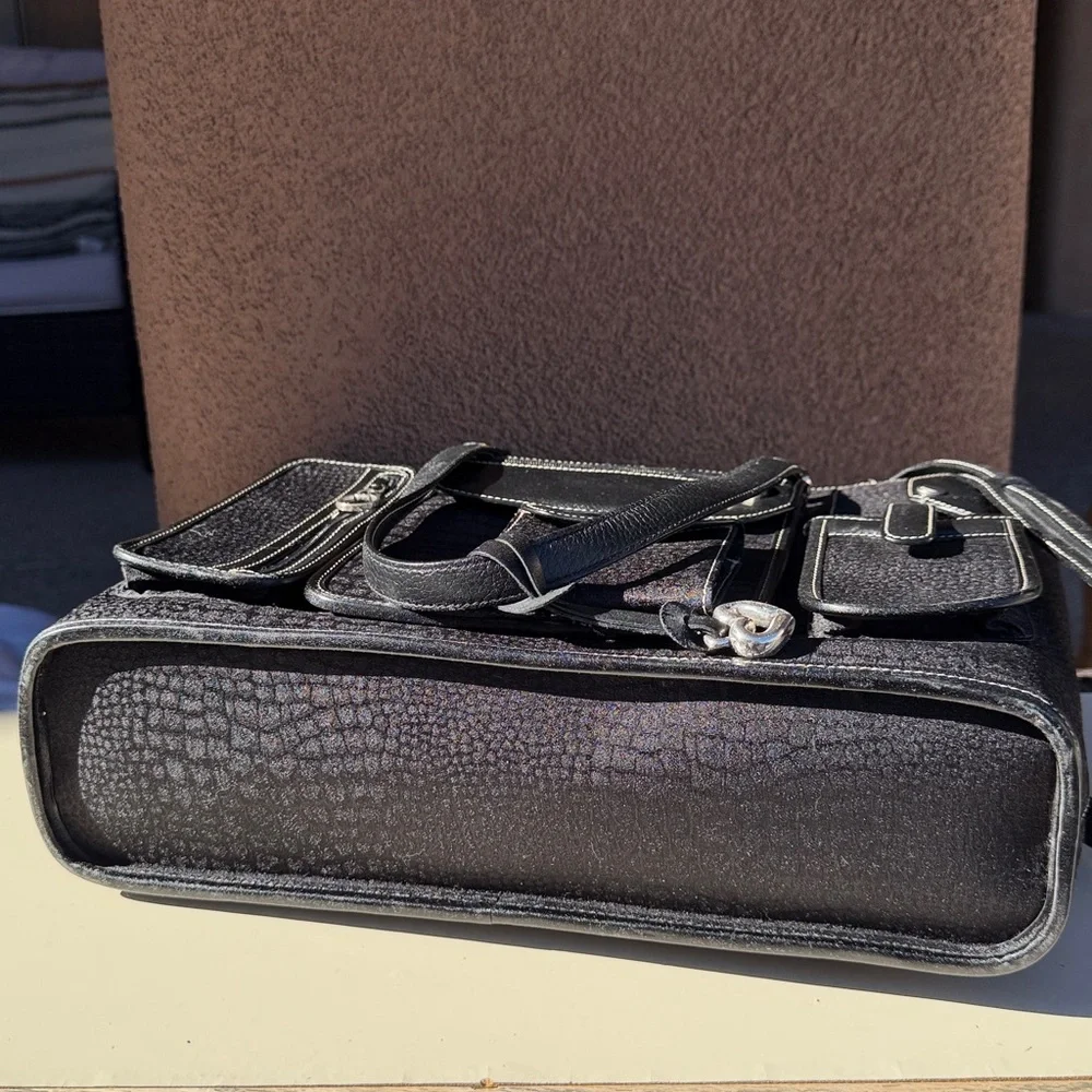 Vintage Brighton Black Leather Briefcase Laptop Bag Multi Pocket Travel Tote